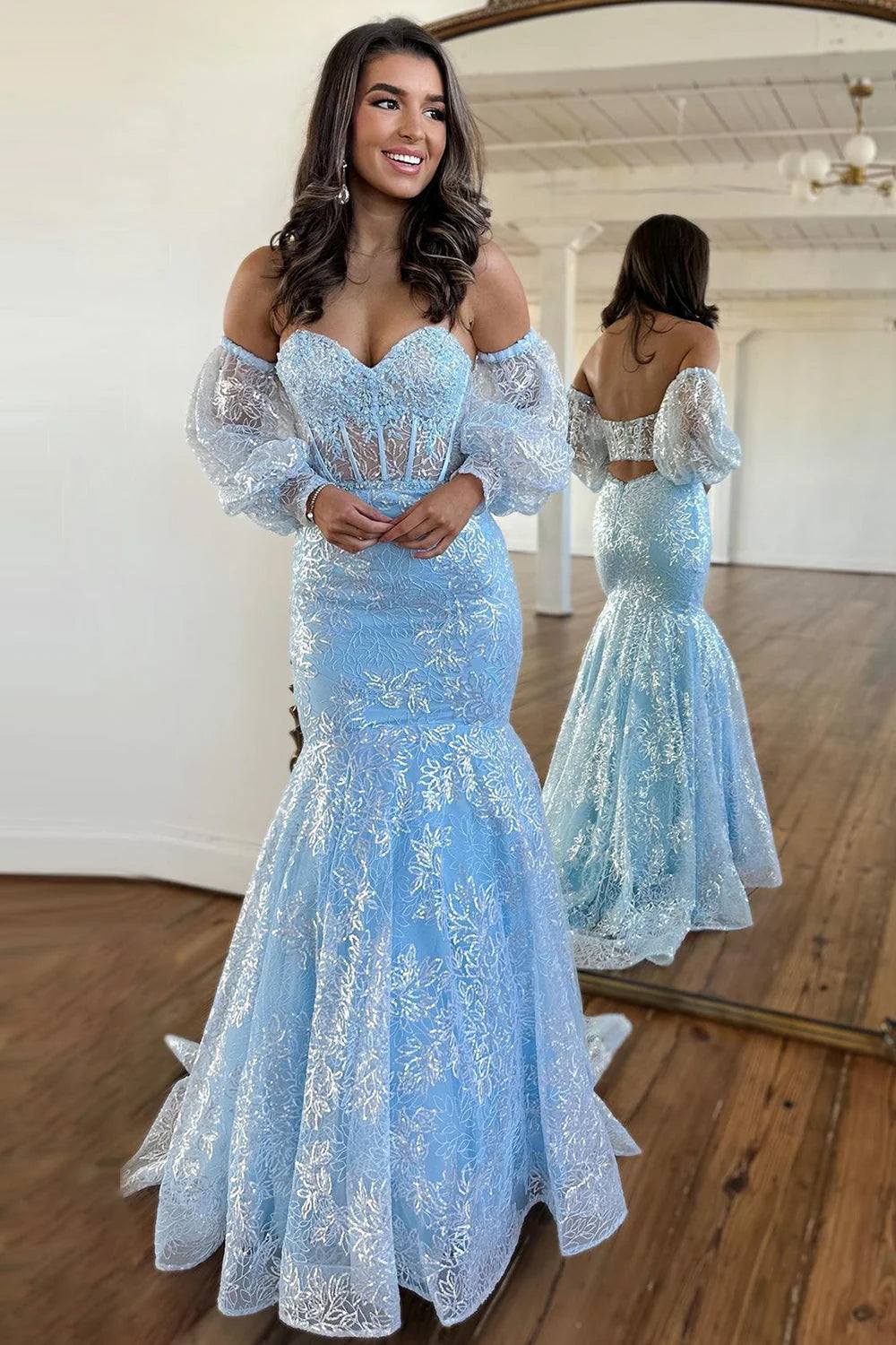 Gorgeous Light Blue Mermaid Backless Long Prom Dress
